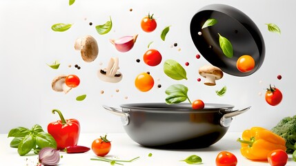 Exploding flavors: Fresh vegetables levitating above a modern pan, a dynamic kitchen scene. Perfect for recipe backgrounds. AI