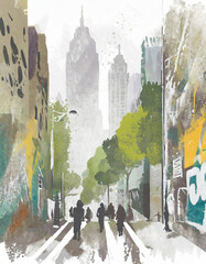 Green watercolor Abstract City painting; cityscape with buildings and people silhouettes