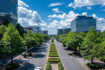 Business district with lush greenery