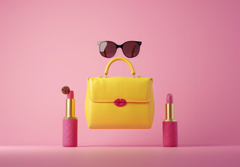 3d rendering of yellow handbag, sunglasses and lipstick floating on pink background. Minimal style fashion concept with flying accessories. Fashion icon