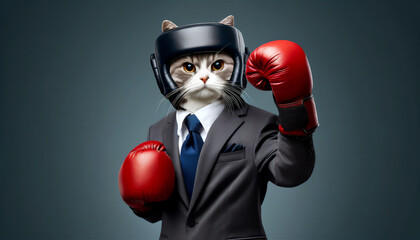 ボクシンググローブとヘッドギアを付けて戦う姿勢の猫 - obrazy, fototapety, plakaty