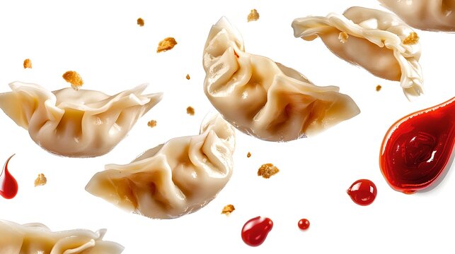 Delicious dumplings in motion with vibrant splashes, spicy sauce drops. Perfect for food advertising. High-quality stock image. AI