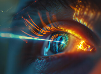Close-Up of an Eye with Blue Laser Beam Shining for Medical Analysis
