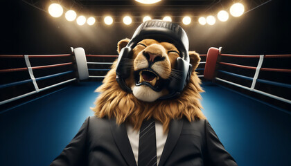 ヘッドギアを付けてボクシングのリングでノックアウトされたライオン