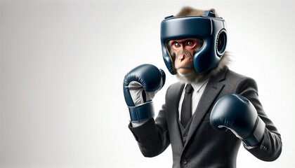 ボクシンググローブとヘッドギアを付けて戦う姿勢の日本猿 - obrazy, fototapety, plakaty