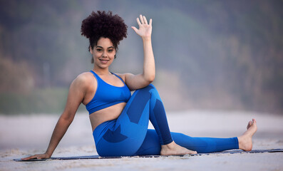 Portrait, yoga and happy woman at beach for exercise, fitness and healthy body outdoor in Brazil....