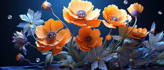 a many orange flowers in a vase with bubbles floating around