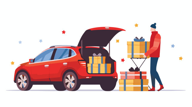 Man with Gift boxes next to the trunk of the car. Vector