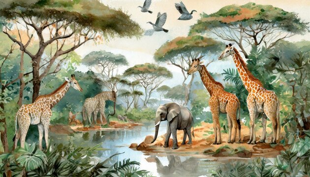 Watercolor painting style, high quality, landscape on an African tropical jungle with trees next to a river with giraffes, elephants and birds, in coordinating colors