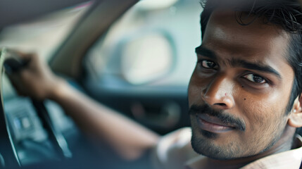 copy space, stockphoto, close-up of a young indian taxi driver in his taxi. Male Indian taxidriver,...
