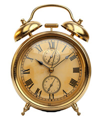 Classic gold alarm clock with roman numerals isolated on transparent background
