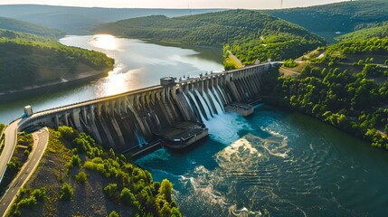 Aerial View of a Majestic Hydroelectric Dam at Sunset. Renewable Energy Generation. Industrial Landscape. Scenic Aerial Shot with Water and Trees. Sustainable Resources Concept. AI