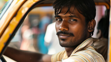 copy space, stockphoto, close-up of a young indian taxi driver in his taxi. Male Indian taxidriver,...