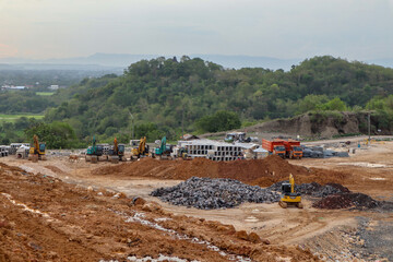 Yogyakarta, October 30, 2021: The process of arranging the Piyungan landfill using heavy equipment...