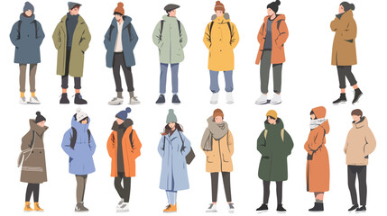 Men women wearing cold weather clothes in winter. 