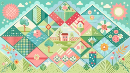 Fotobehang Vibrant Patchwork Quilt Landscape Illustration with Floral and Architectural Elements © Oksa Art