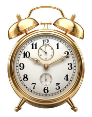 Vintage golden alarm clock isolated on transparent background