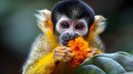 A marmoset primate holds a flower in its mouth, captured in macro photography