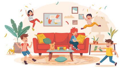 Messy living room interior. Children jumps on the sofa