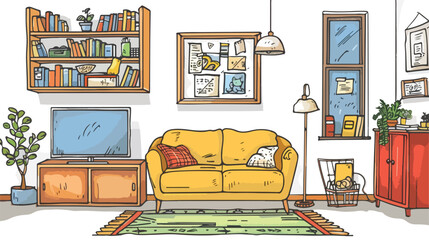 Messy living room interior. Furniture sofa bookcase t