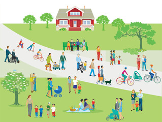 Menschengruppen im Park mit Familien, Eltern und Kinder, illustration - 789929220