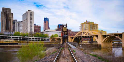 St. Paul City in Minnesota, skyline, skyscrapers, and railroad over Mississippi River in the Upper...