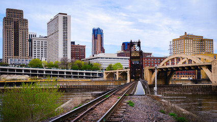 St. Paul City in Minnesota, skyline, skyscrapers, and railroad over Mississippi River in the Upper Midwestern United States