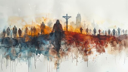 Young woman kneeling and looking at the cross in the sky.    Digital watercolor painting.