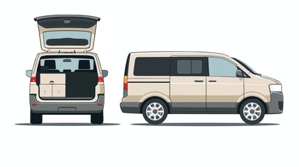 Minivan car with open boot. Side and background view. Vector