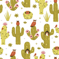 Desert seamless pattern with owls and cacti. Vector graphics.