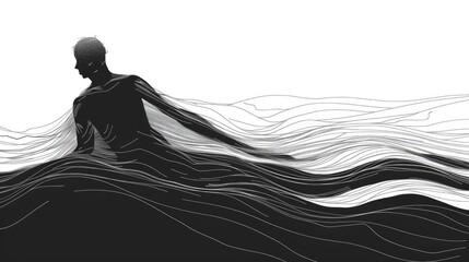 Abstract black and white illustration depicting a man navigating through a stream of problems, symbolizing struggle and perseverance - obrazy, fototapety, plakaty