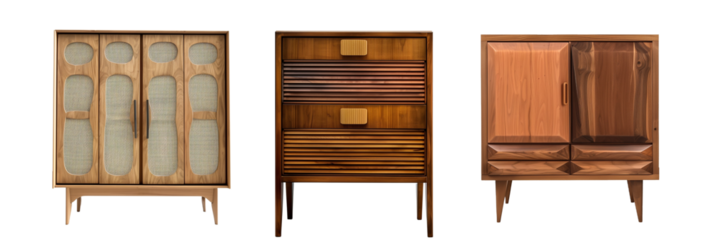set of different wooden cabinets, each representing a unique blend of utility and artistic design, isolated on transparent background
