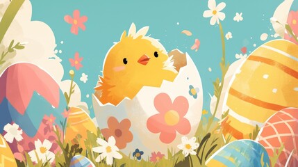 A delightful Easter scene unfolded as a sweet little chick peeked out from its colorful egg