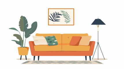 Modern living room with sofa torchere and houseplant.