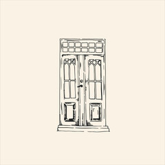 Vintage door,window. Vector sketch.