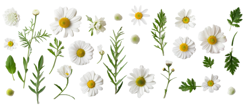 Set of buds, flowers, leaves and daisy flowers isolated on transparent background. cut flower elements, garden themed designs. Top view high quality PNG." design elements, top view / flat lay - Powered by Adobe