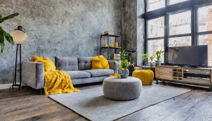 Urban Chic: Loft Interior Design with Tufted Grey Sofa and Vibrant Yellow Accents"