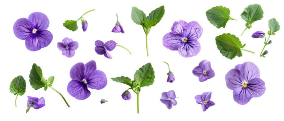 Set of buds, flowers, leaves and purple violet flowers isolated on transparent background. cut...