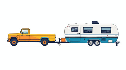 Pickup truck and trailers caravan isolated. Vector flat