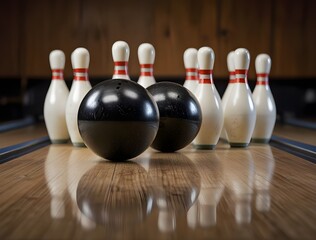 Picture of bowling ball hitting pins scoring a strike. Bowling background. Bowling 3D Rendering
