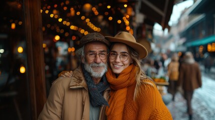 An elderly man and his young adult daughter share a warm embrace, smiling joyfully on a lively city street adorned with festive lights.