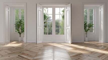 A large open room with white doors and windows. The room is empty and has a clean, minimalist look