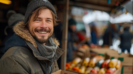 Obraz premium Joyful volunteer wearing a winter hat and jacket is depicted handing out food at a charitable event in a market setting.