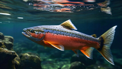 Salmon Swimming In Natural Habitat Underwater Photography Style 300 PPI High Resolution Image