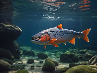 Salmon Swimming In Natural Habitat Underwater Photography Style 300 PPI High Resolution Image