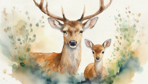 watercolor painting illustration of deer with his little cute cub