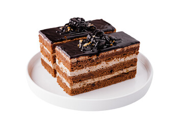 Decadent chocolate layer cake slices on white