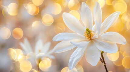   A tight shot of a white bloom against a backdrop of softly blurred lights The foreground is crisp, while the background is rendered out-of-focus, creating a distinctive