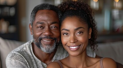 Loving mature black couple sharing a joyful moment. Their smiles exemplify a deep bond and contentment in each other's company, portraying warmth and love.