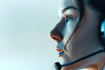 close-up of the concentration of a customer service representative wearing a headset, attending to inquiries and resolving issues with efficiency, against a white background, empha - obrazy, fototapety, plakaty